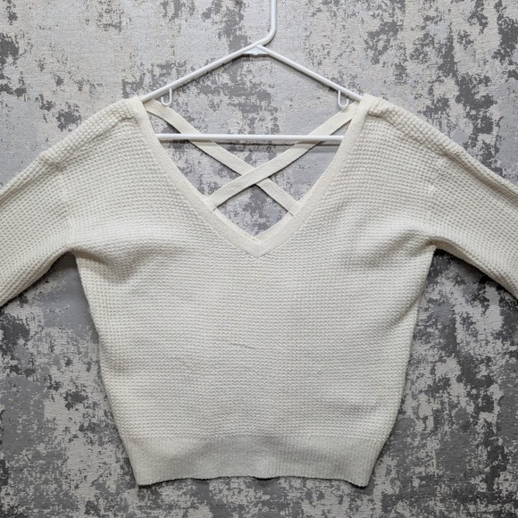 Maeve Anthropologie Cream Waffle Knit V Neck Back Cross Back Sweater Medium - Picture 6 of 15